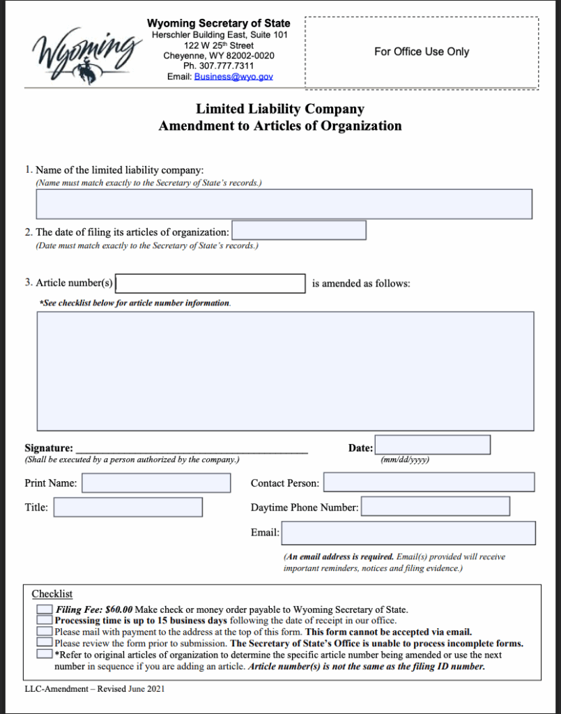 Wyoming Amendment to Articles of Organization 