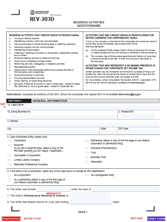 Sample of Business Activity Questionnaire in PA