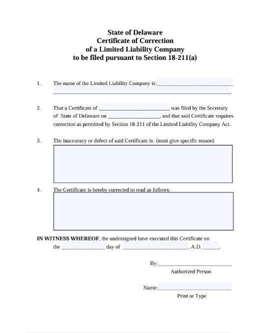 Delaware LLC certificate of correction