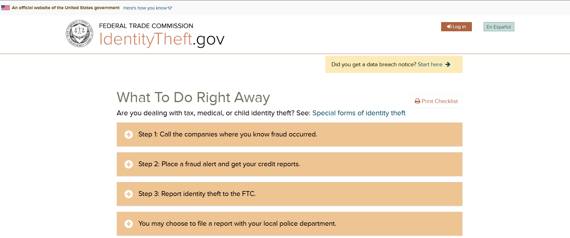 identitytheft gov homepage