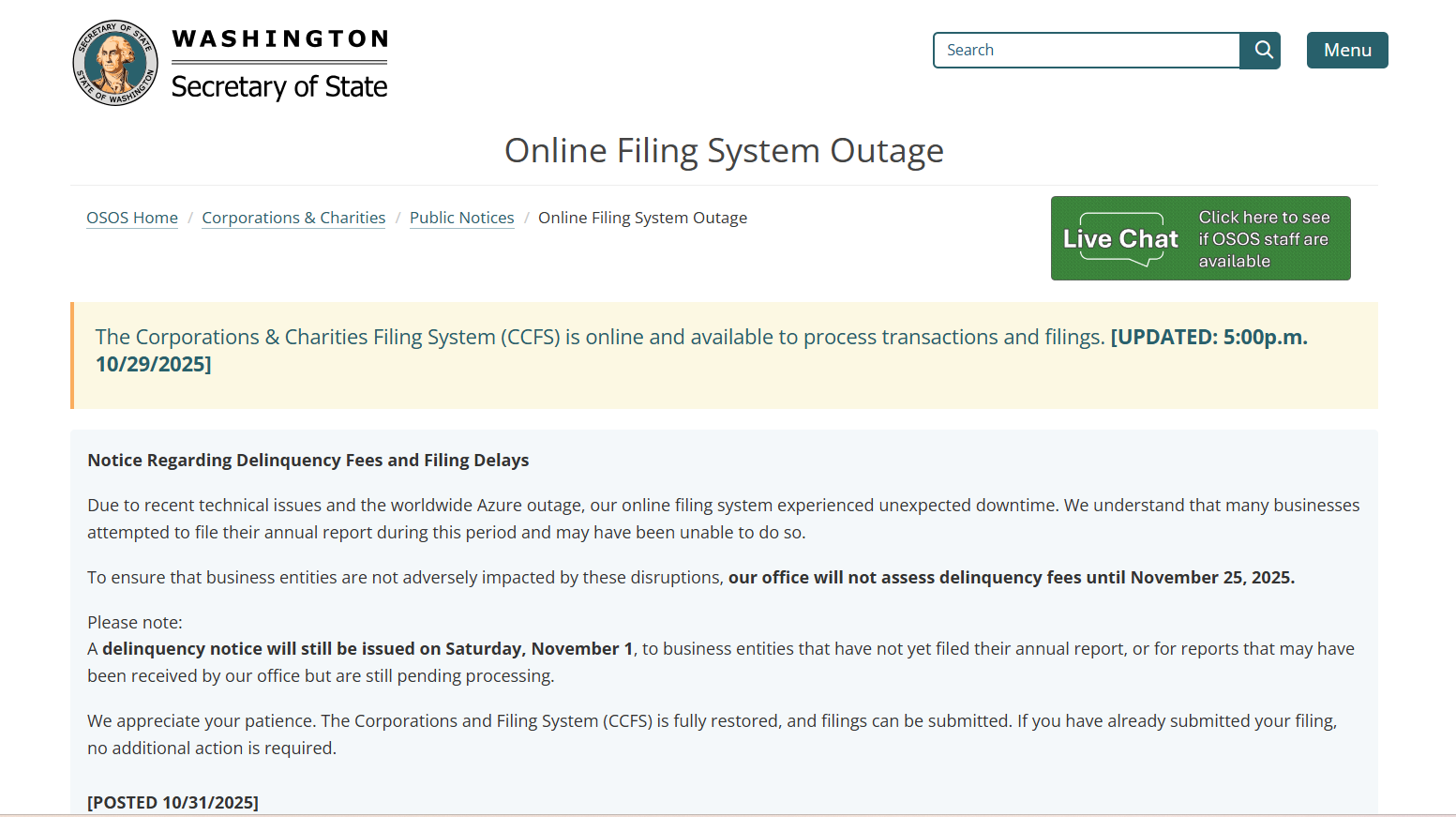 washington online system outage